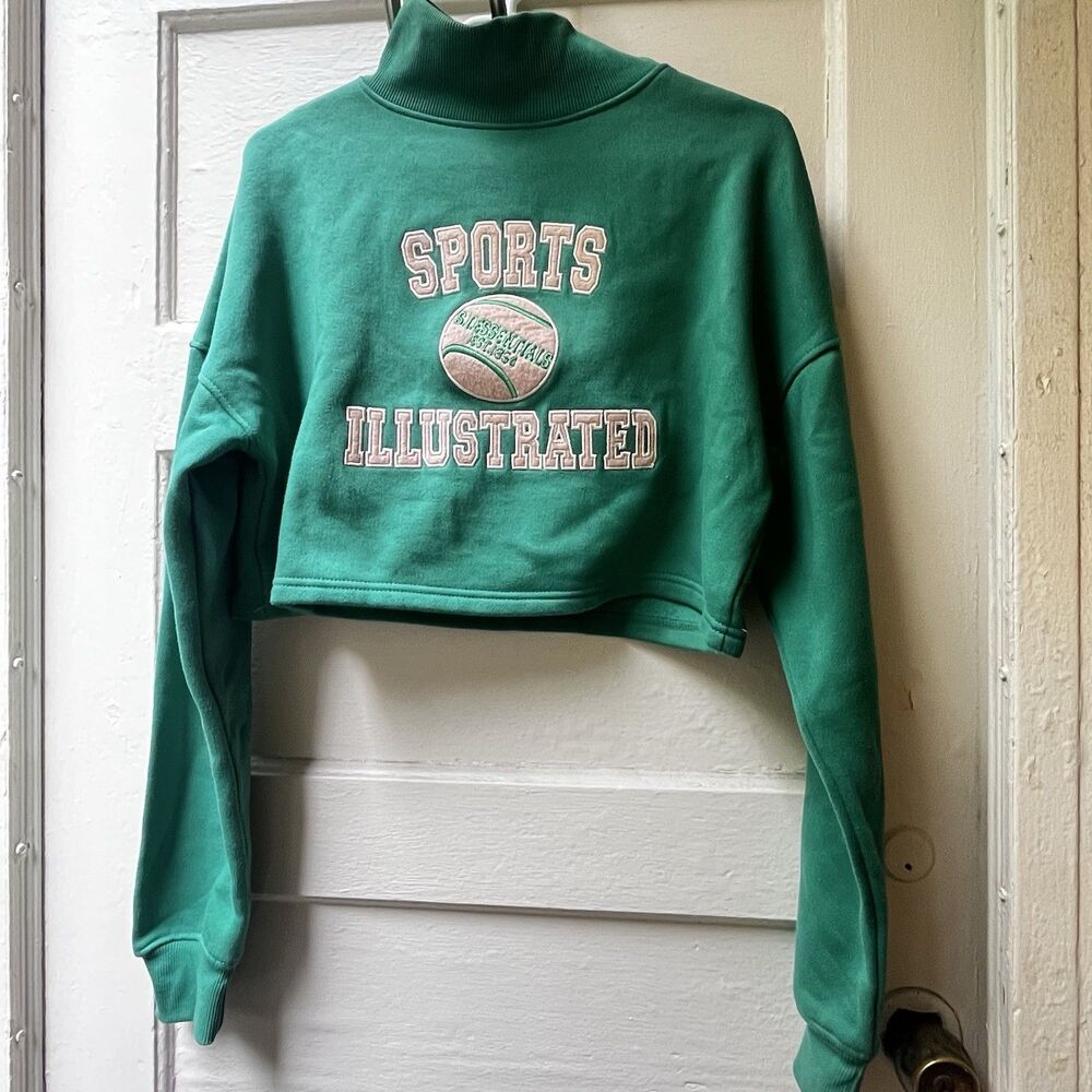 Nasty Gal X Sports Illustrated Sweater Sz 2 Cropped Green Embroidered Athletic